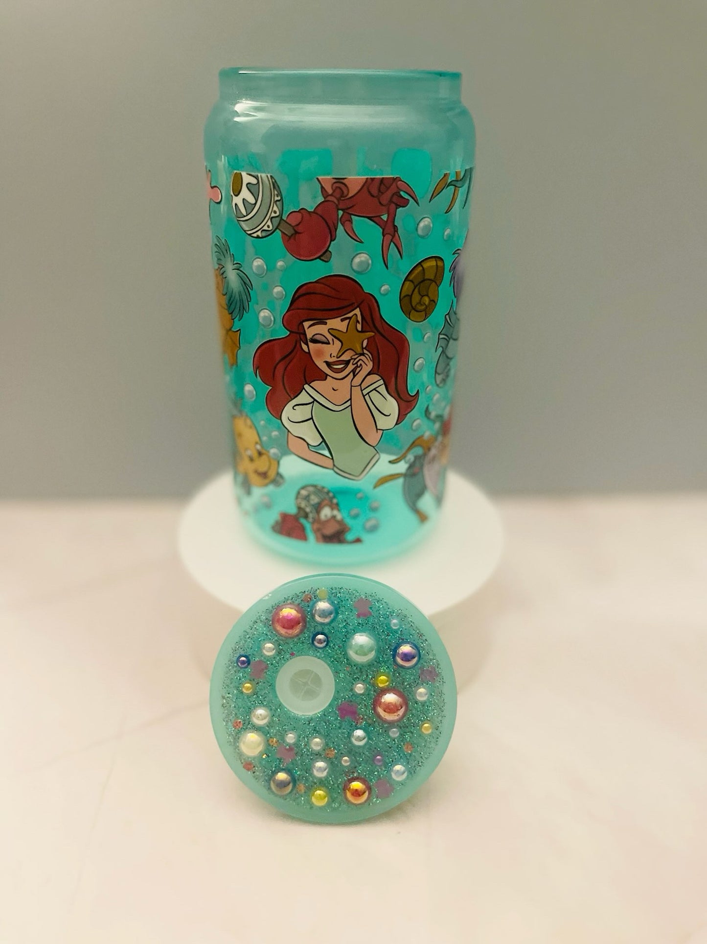 16oz Green Mermaid Glass Cup with Charm Lid